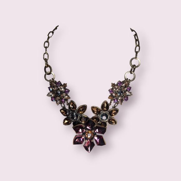 MULTICOLOR ACRYLIC STONES GOLDEN FLOWER LINKS RENAISSANCE STYLE CHOKER NECKLACE - Picture 8 of 10